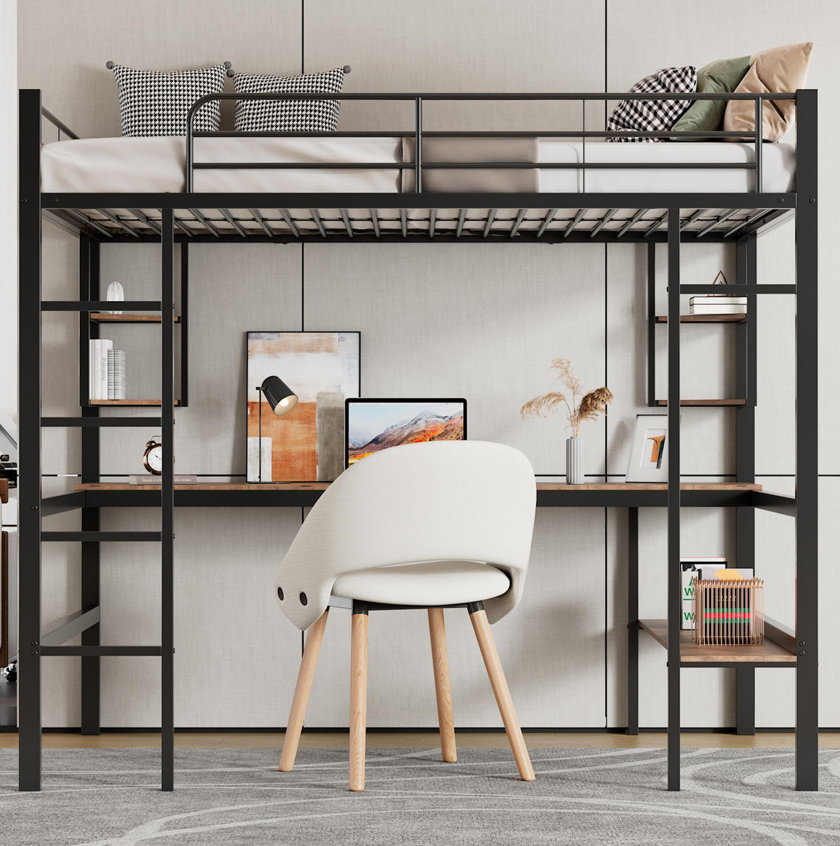 HOCHBETT mit Schreibtisch 90/200 cm in Schwarz – mit Regal und Rausfallschutz - Schwarz, Metall (90/200cm) - BEAOK