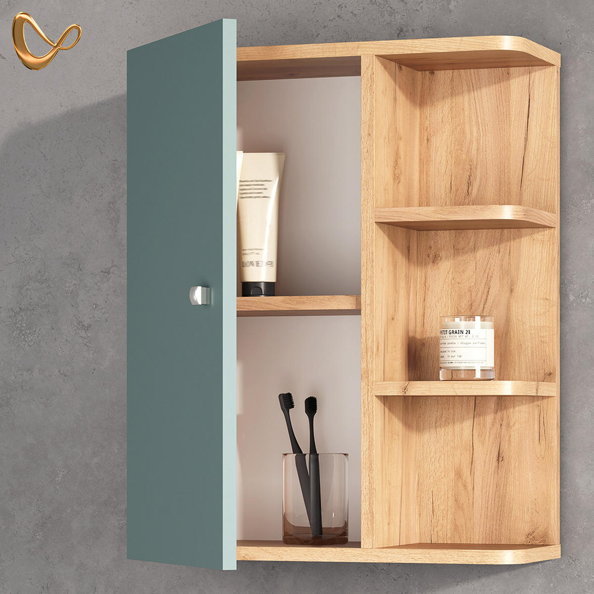BADSCHRANK Fucino Grün 47.2 x 59.2 cm - Braun/Grün, Holzwerkstoff (47.2/59.2/20.8cm) - Livinity®
