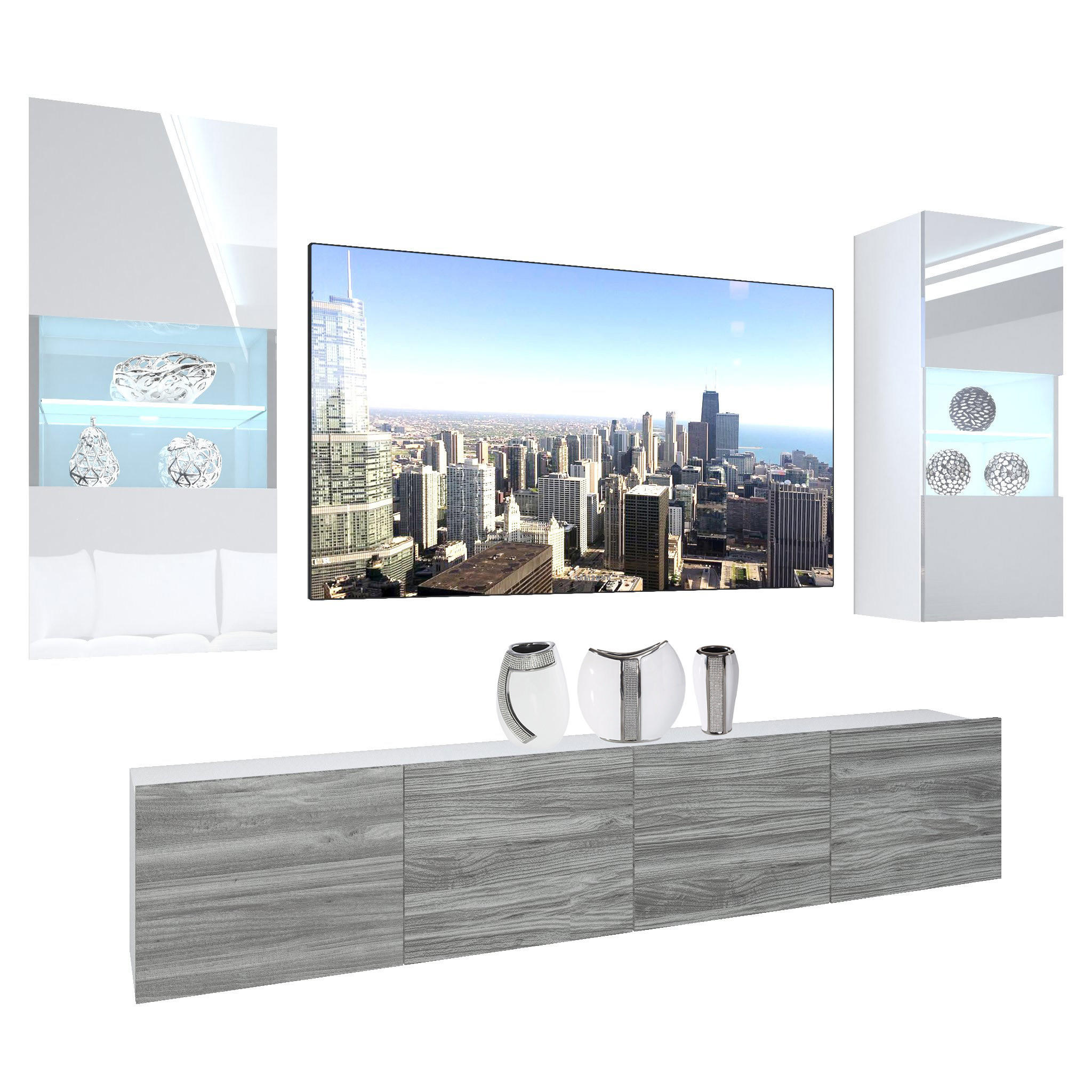 B BELINI GROUP OBÝVACÍ STĚNA s LED osvětlením TV skříňka Bílá/Glamour dřevo