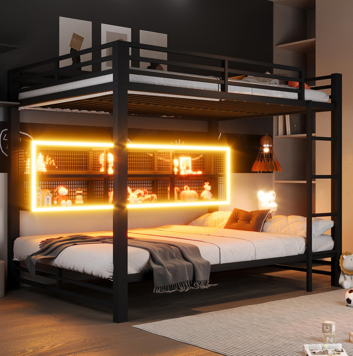 ETAGENBETT 140/200 cm aus Metall mit Stauraumschränken und LED-Beleuchtung - Schwarz, Metall (140/200cm) - Flora Grace