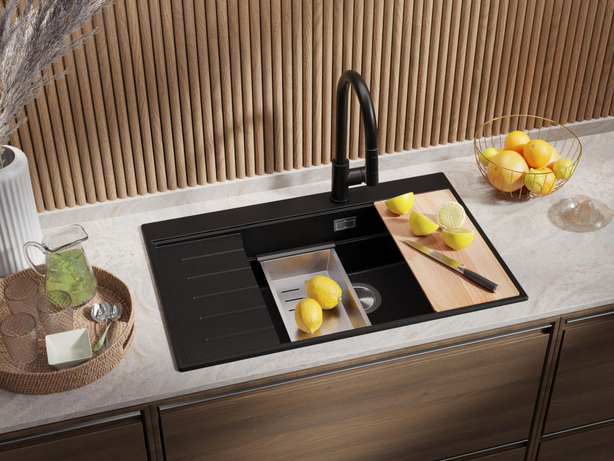 GRANITSPÜLE Sydney, 2-er set Alles Schwarz 78/50 cm 1 Becken + Küchenarmatur 32/20 cm + Ablauf-Set + Küchenzubehörset ab 60er Unterschrank - Schwarz, Kunststoff (78/20/50cm) - Primagran