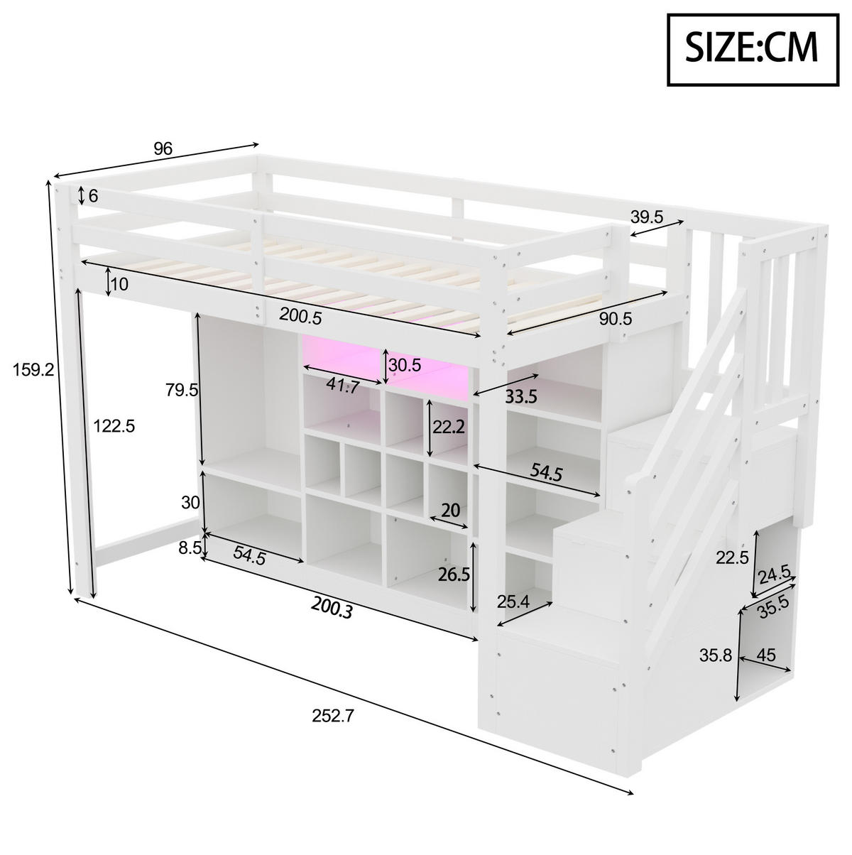VISOKA postelja 90/200 cm bela z LED-osvetlitvijo in shranjevanjem iz lesa - bela, leseni material (90/200cm) - OKWISH