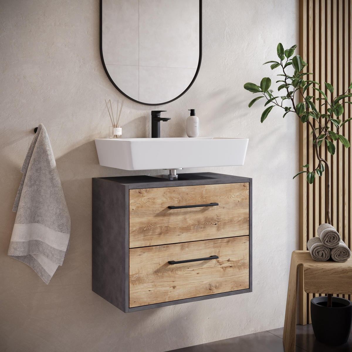 WASCHBECKENUNTERSCHRANK Florence 2 Schubladen Kastanien Eiche / Grau - 60 x 35 x 47 cm - Eichefarben/Grau, Holz (60/47/35cm) - Badplaats