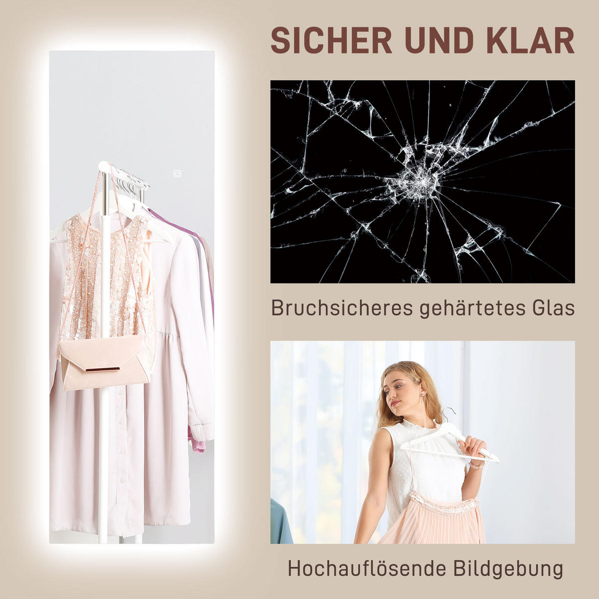 GANZKÖRPERSPIEGEL 40 x 120 cm Standspiegel mit LED Lichte - Transparent, Glas (40/120/3cm) - HOMCOM
