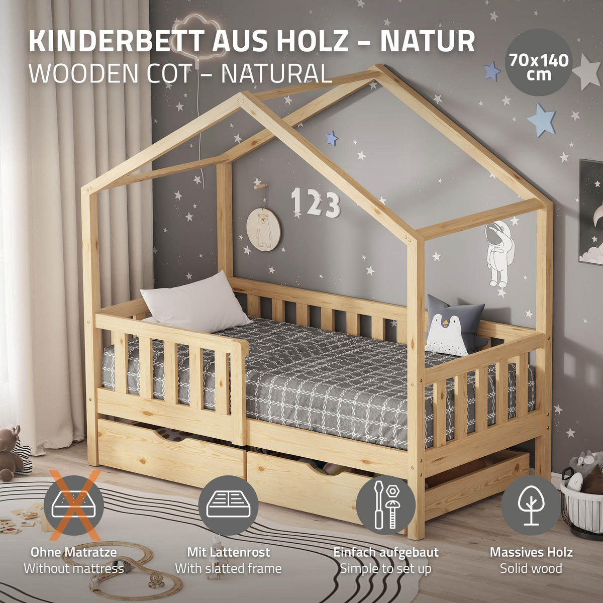 HAUSBETT 70x140 cm Natur aus Kiefernholz mit 2 Schubladen und Rausfallschutz - Beige, Holz (70/140cm) - ML-DESIGN