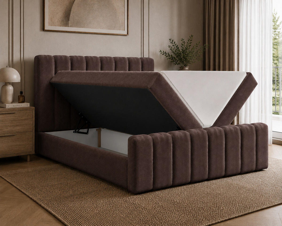 BOXBETT 01 BIS 160 x 200 cm - Vibe - Modernes Polsterbett mit Bettkasten inkl. PU-Schaum-Topper und Federmechanismus - Braun, Holz (160/200cm) - ROYAL24_MARKT
