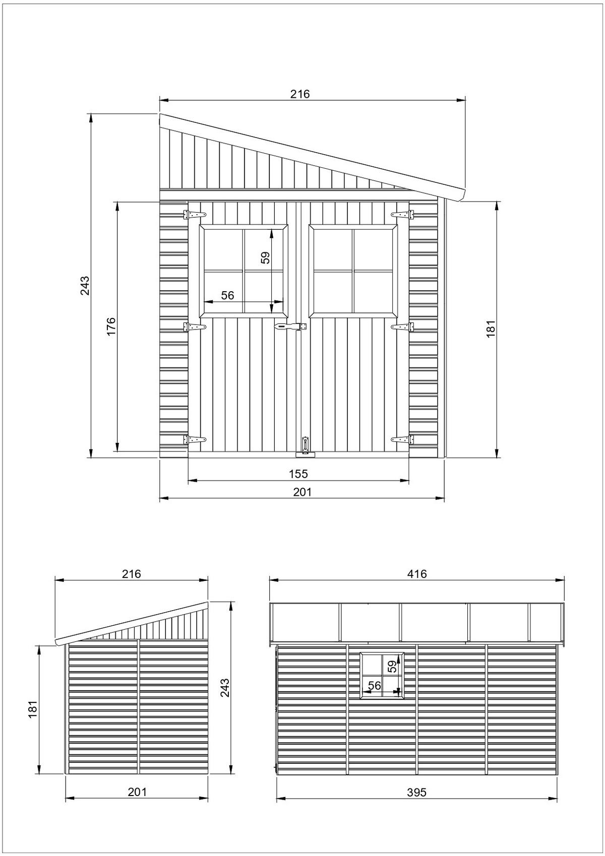 HOLZ-GARTHENHAUS (ohne Seitenwand) - H244x211x416 cm/8 m2 - M340 - Beige, Holz (216/243/395cm) - Timbela