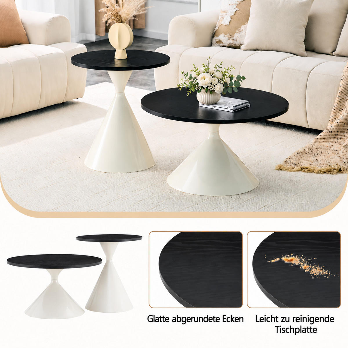 COUCHTISCH Set 2-teilig rund Schwarz/Weiß Melamin Stahlgestell 70/50 cm - Schwarz/Weiß, Metall (70/44.6/40cm)