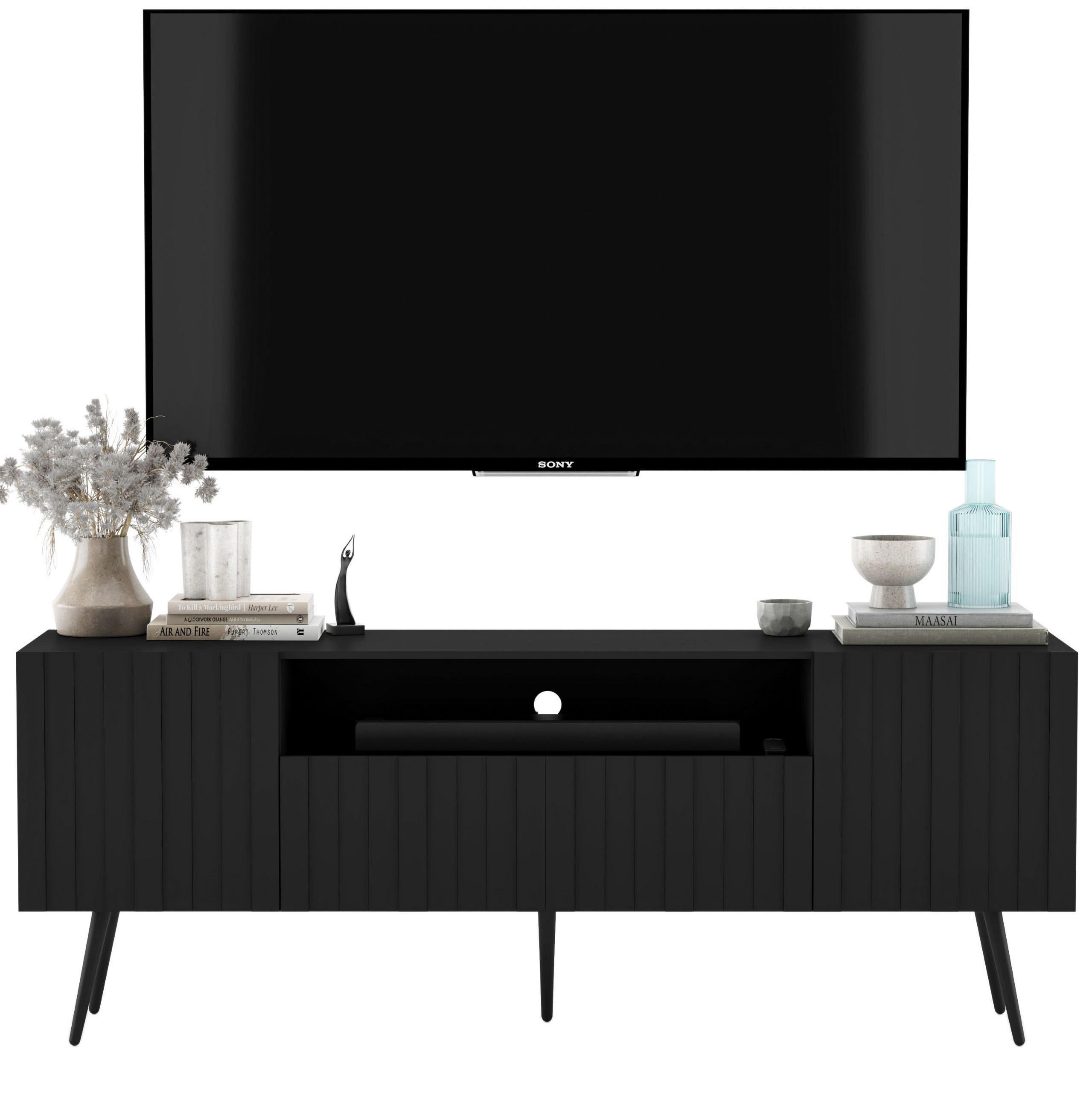 TV-SCHRANK Elpis Schwarz Matt mit Metallbeine Glamour 150 cm - Schwarz, Holzwerkstoff/Metall (150/60.5/36.5cm) - Meble Lindner