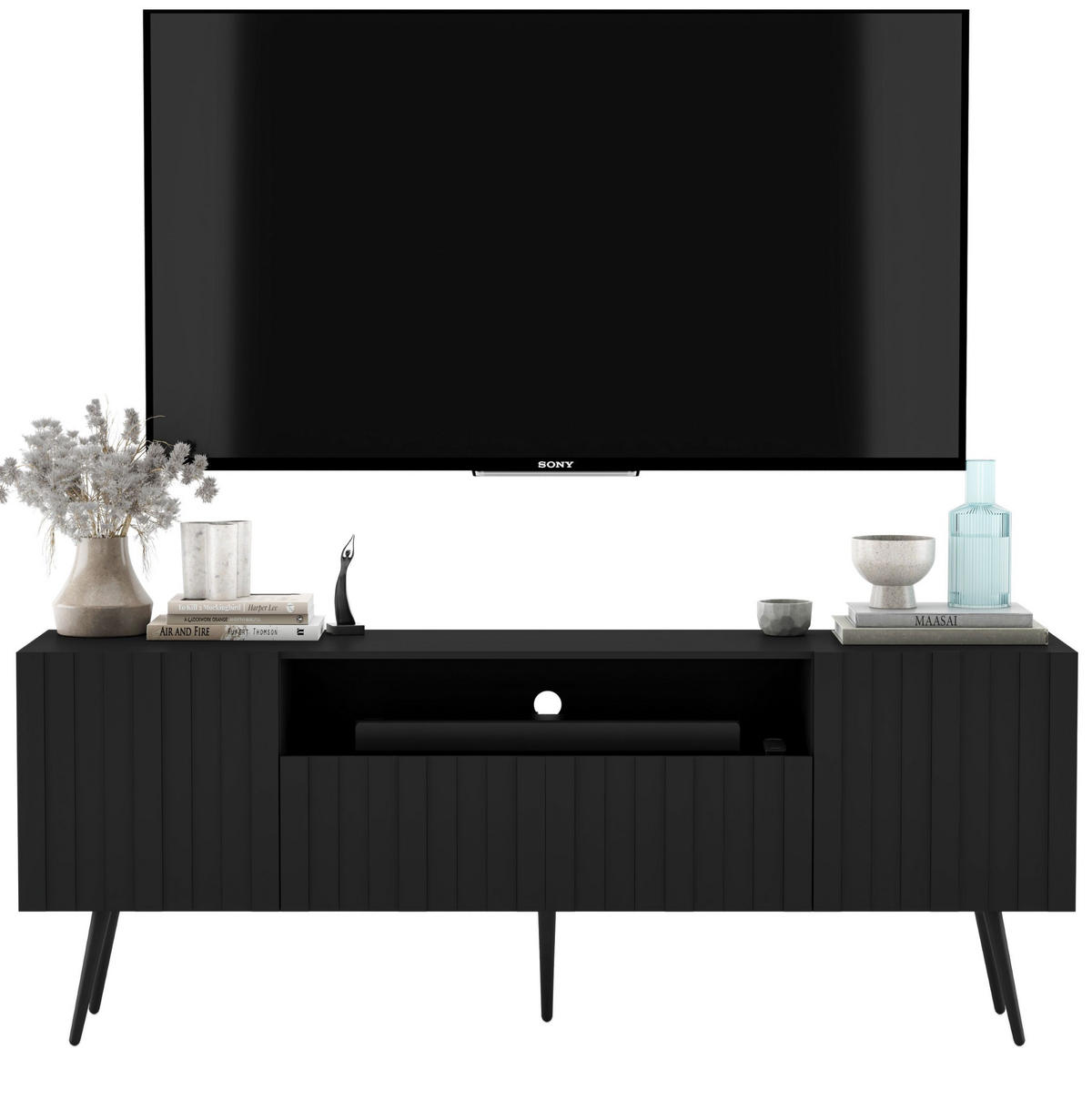 TV-SCHRANK Elpis2 Schwarz Matt mit goldenen Metallbeine Glamour 150 cm - Goldfarben/Schwarz, Holzwerkstoff/Metall (150/60.5/36.5cm) - Meble Lindner