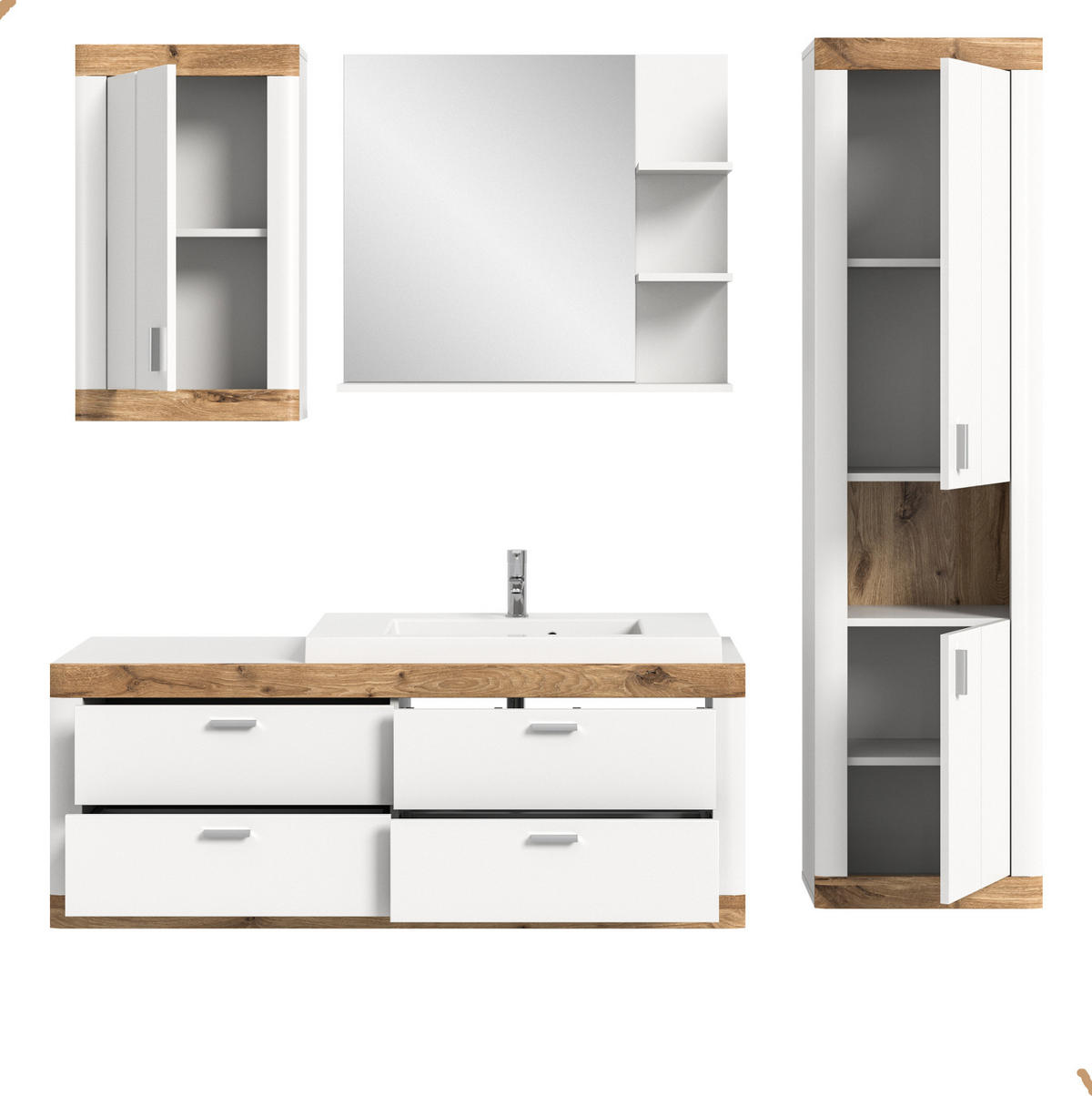 BADMÖBEL-SET 5-teilig weiß, Eiche 193 cm, Kombination mit Soft-Close - Eichefarben/Weiß, Holzwerkstoff (192/172/48cm) - Inn.Furn