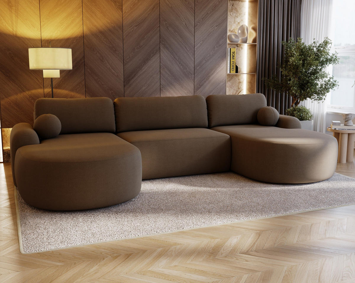 WOHNLANDSCHAFT Cloudy Braun, mit abgerundeten Seiten und Kissen - Braun, Holzwerkstoff (377/92/177cm) - Bettso