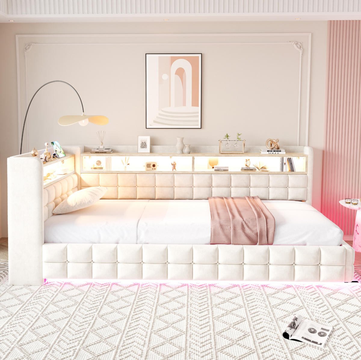 POLSTERBETT 90/200 cm mit LED-Beleuchtung, USB-, Typ-C-Anschluss, Steckdose, Bettkasten und Holzregalen, Samt Beige - Beige, Textil (90/200cm) - Redom