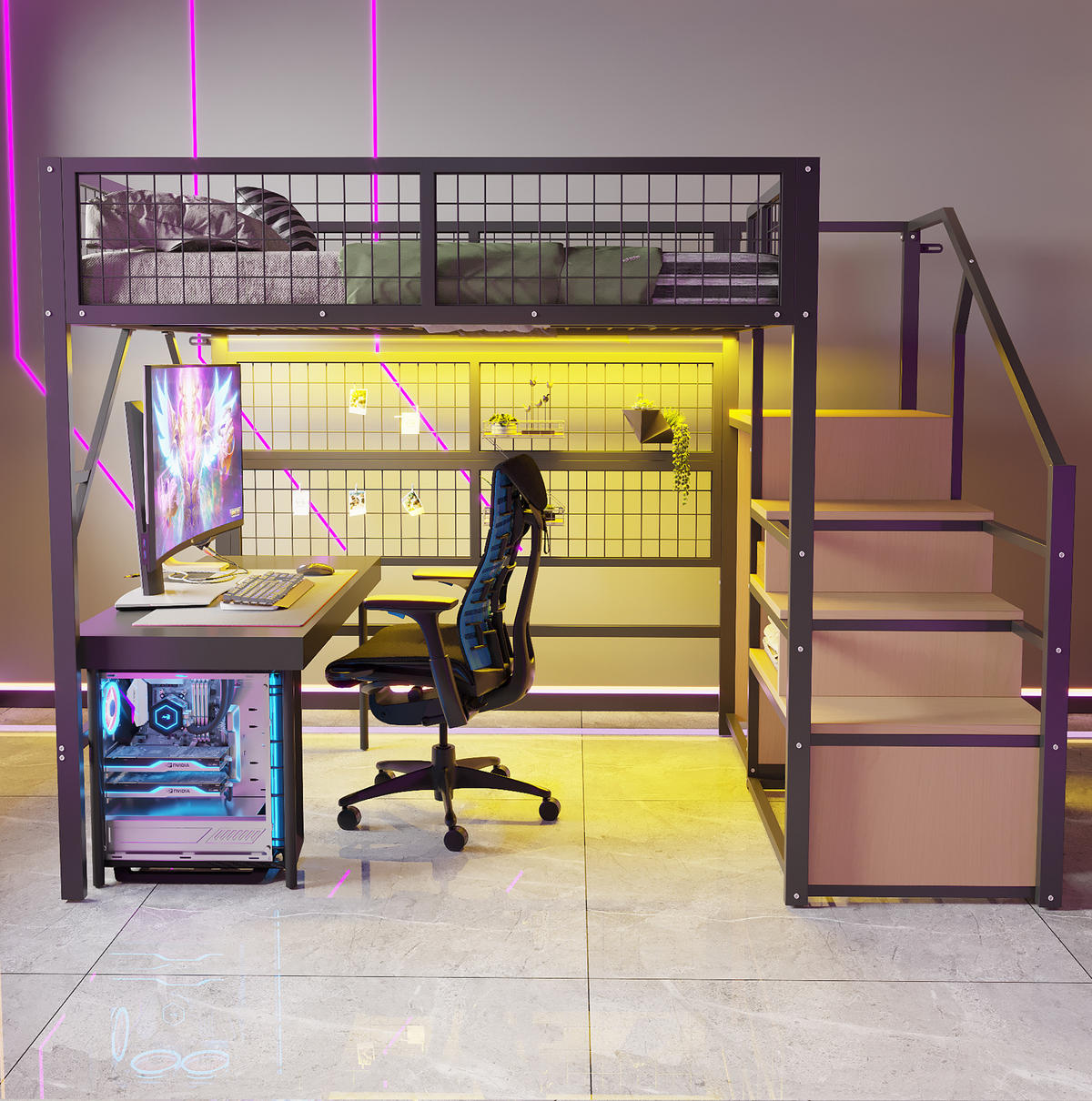 HOCHBETT 140/200 cm Schwarz mit LED-Beleuchtung und Treppe mit Stauraum - Schwarz, Metall (140/200cm) - Flora Grace