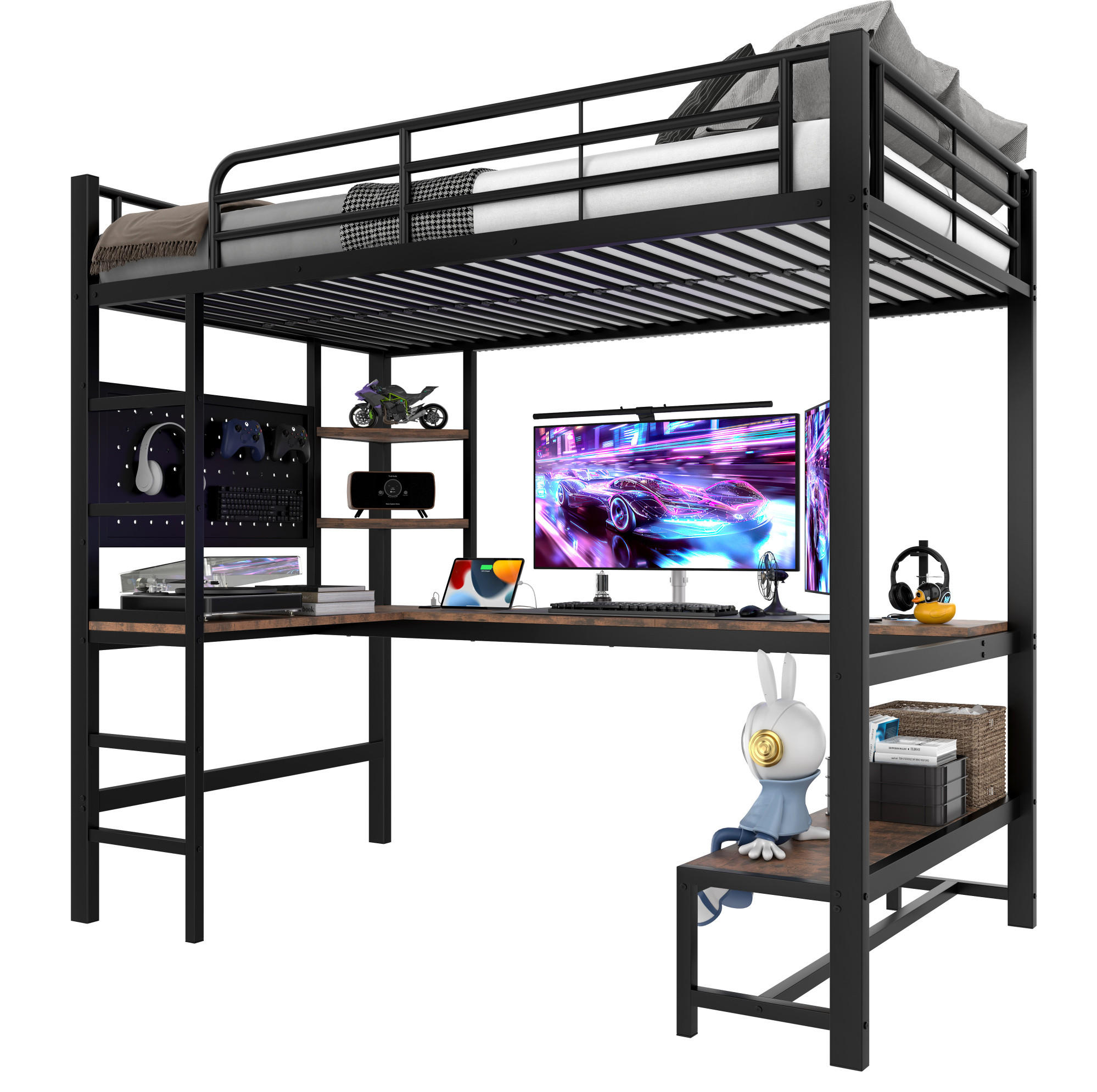 HOCHBETT 90/200 cm, Schwarz mit Schreibtisch, LED und USB-Typ-C-Buchse - Schwarz, Metall (90/200cm) - MIVRAY