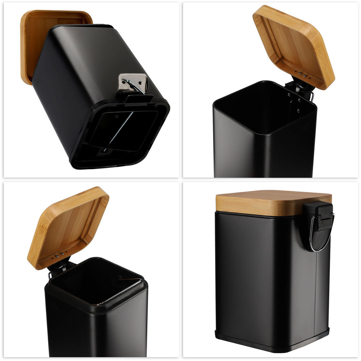 PAPIERKORB mit Bambusdeckel 3L, schwarz - Schwarz, Metall (16/21cm) - KADAX