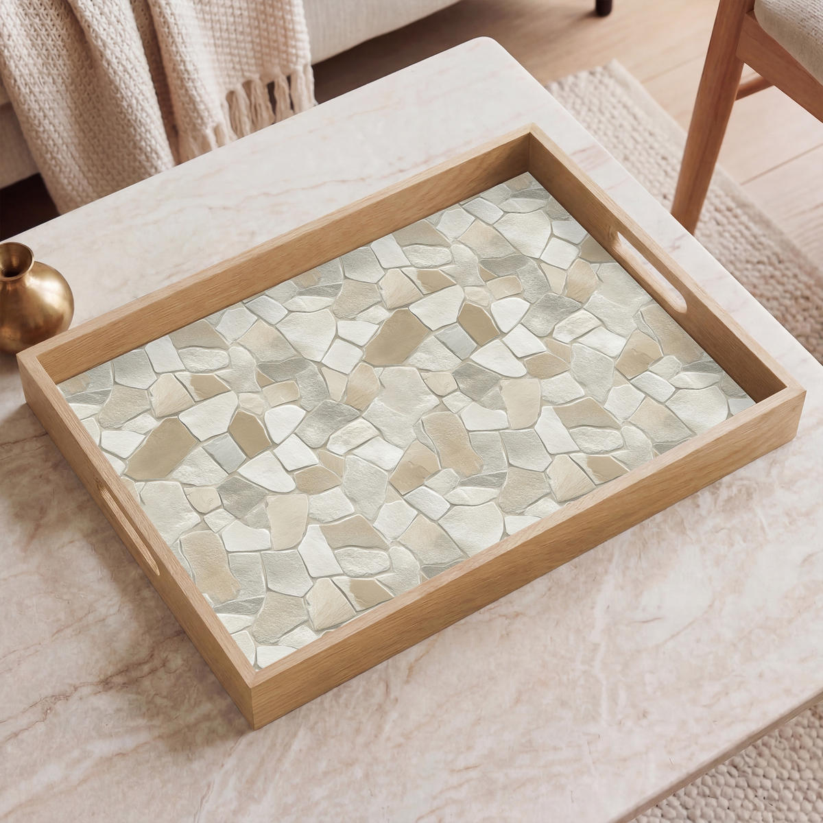 TABLETT - Mosaik - Steine - Beige - 50x35 cm - Beige, Holz (50/5/5cm) - OnlyWow