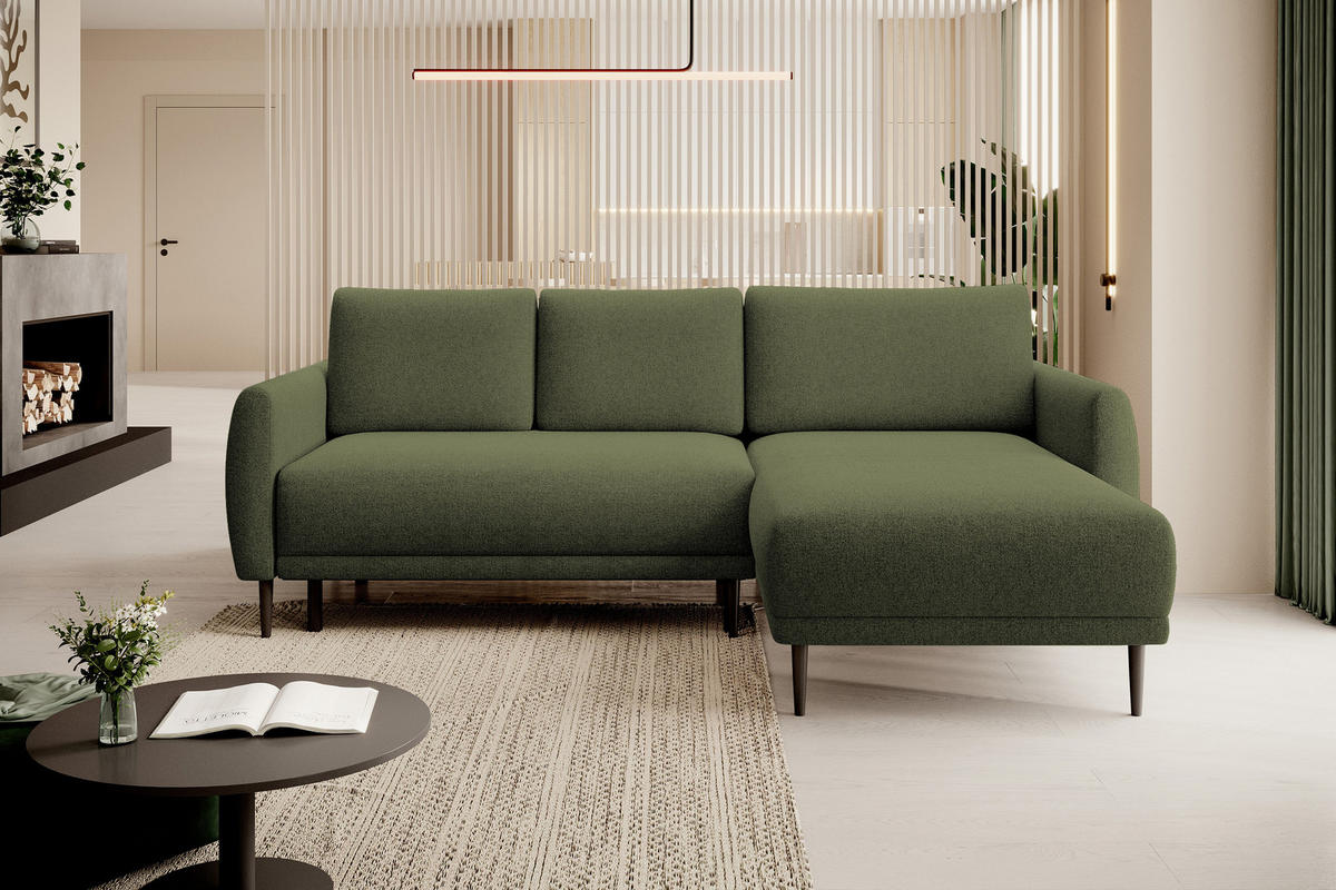 ECKSOFA Bono – Stilvolles Sofa mit Schlaffunktion, Robuste Holzfüße, Elegante Armlehnen, Tiefe Sitzfläche 226x164x88 cm – Rechte, Grün - Grün, Holz/Textil (226/164cm) - DomoHome
