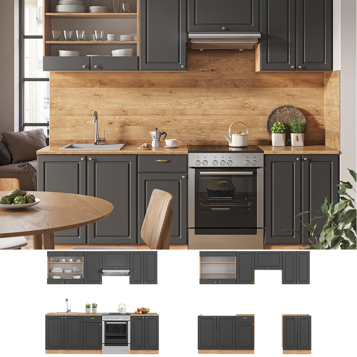 KÜCHENZEILE Fame-Line Anthrazit Landhaus/Goldkraft Eiche 240 cm ohne AP - Dunkelgrau/Eiche Wotan, Holzwerkstoff (240/81.6/46cm) - Vicco