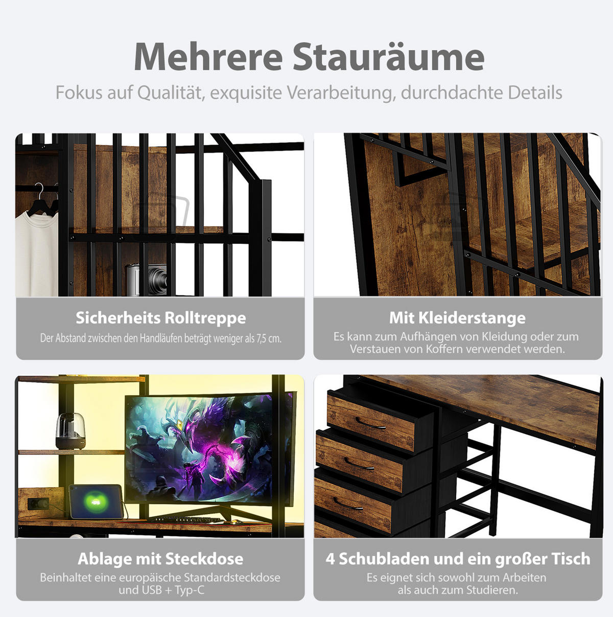 HOCHBETT 90/200 cm aus Metall mit Schreibtisch, Ablagen und LED-Beleuchtung Schwarz - Schwarz, Metall (90/200cm) - Modenvie