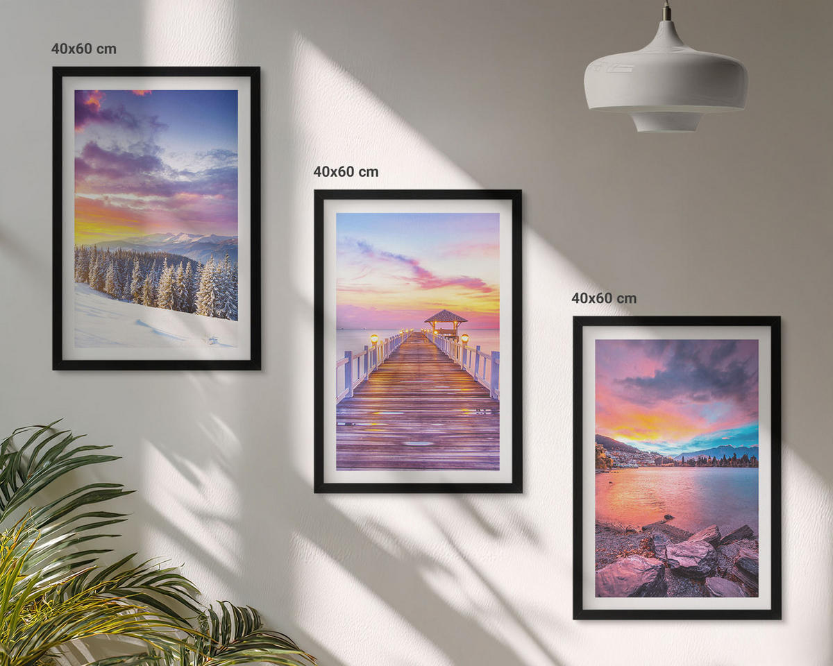 BILDER SET 3er Set - 40x60 cm Schwarzer Rahmen - Winterliche Bergseelandschaft - Schwarz, Kunststoff (40/60cm) - TULUP