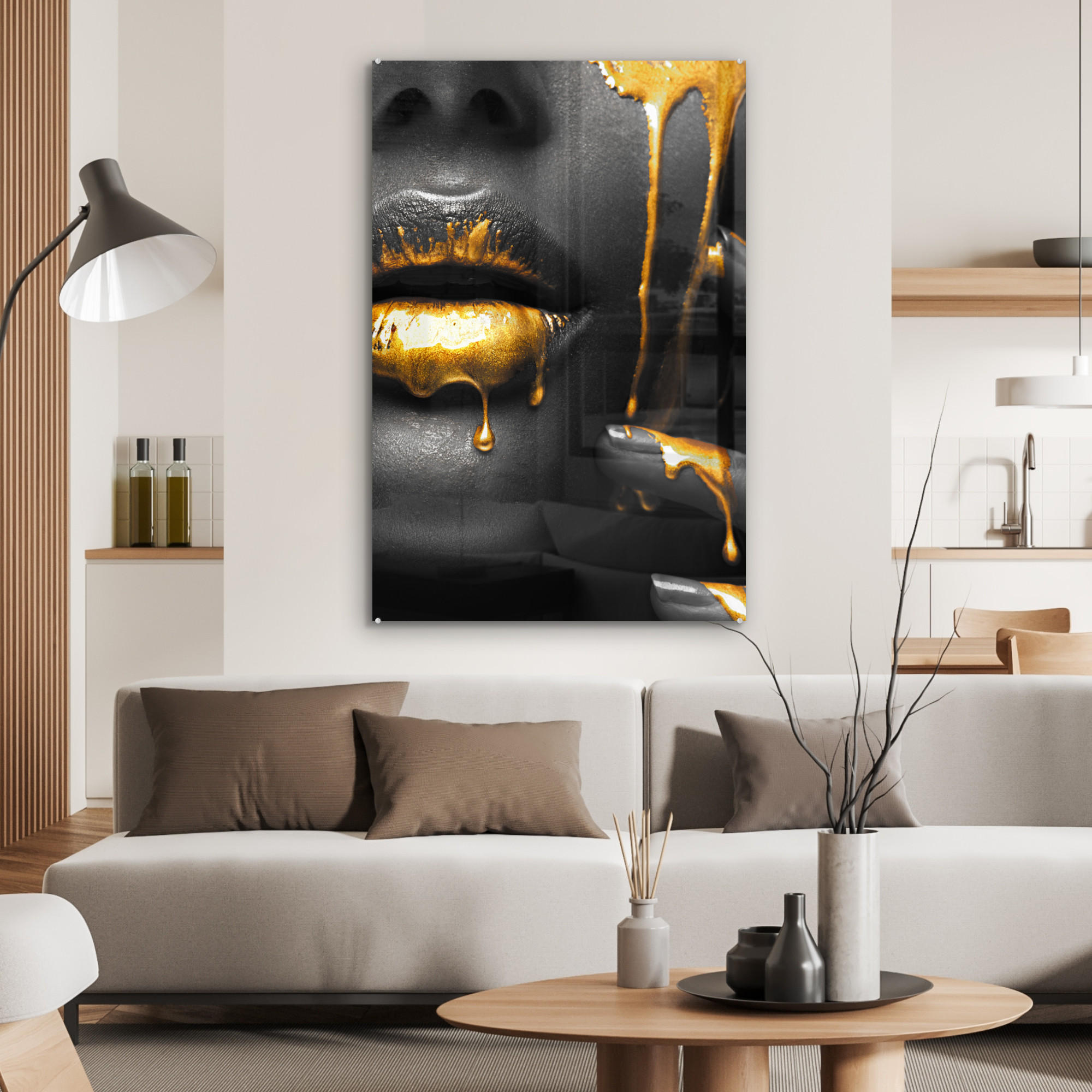 ACRYLGLASBILD Frau - Schwarz - Gold - Gesicht - Lippen 60x90 cm - Goldfarben, Glas (60/90cm) - MuchoWow