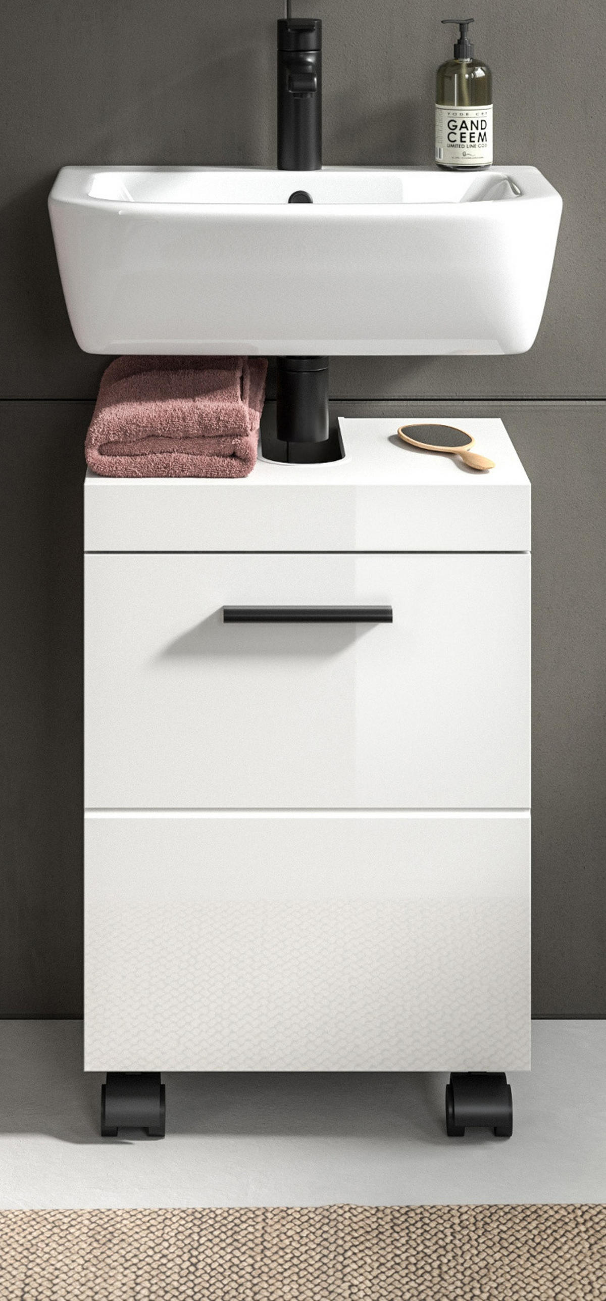 WASCHBECKENUNTERSCHRANK weiß Hochglanz 40 cm, Badezimmer Unterschrank auf Rollen - Weiß Hochglanz/Schwarz, Holzwerkstoff/Kunststoff (40/58/30cm) - Inn.Furn