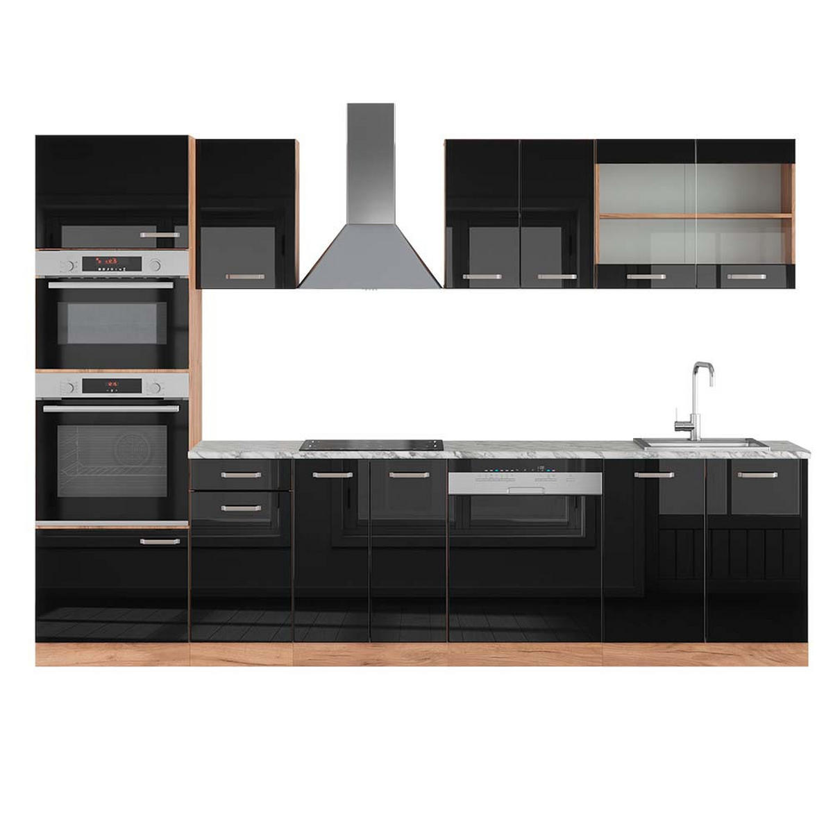 KÜCHENZEILE R-Line Schwarz Hochglanz/Goldkraft Eiche 300 cm AP Marmor - Honigeiche/Schwarz Hochglanz, Holzwerkstoff (300/81.6/60cm) - Vicco