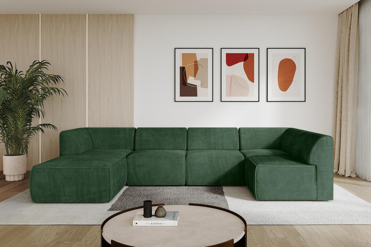 WOHNLANDSCHAFT Ottomane Links MOVO-L 345x180x78 cm Grün Cord - Waldgrün/Schwarz, Holzwerkstoff/Kunststoff (180/78/345cm) - ALTDECOR