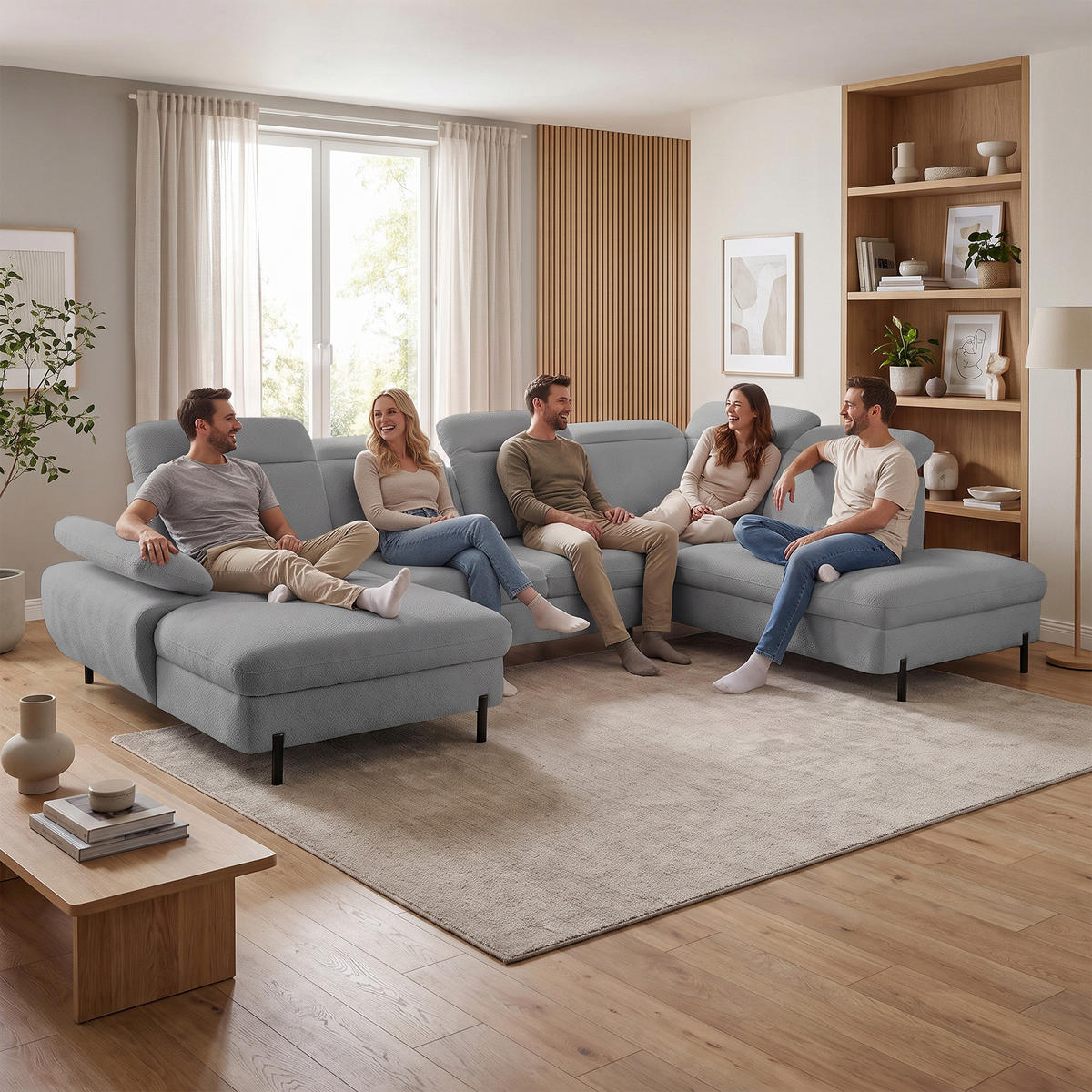 WOHNLANDSCHAFT Sora U mit Schlaffunktion und verstellbarer Sitztiefe, Kopfstützen und Armlehne, 365 cm, Grau, Links - Schwarz/Grau, Textil (365/107/235cm) - Beautysofa