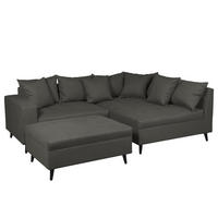 ECKSOFA mit Ottomane und Hocker - Dunkelgrau/Schwarz, Birkenholz/Textil (247/174cm) - home24
