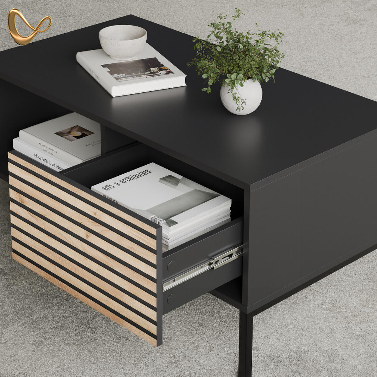 COUCHTISCH Aterno Goldkraft Eiche/Anthrazit mit einer Schublade - Honigeiche/Anthrazit, Holzwerkstoff (50/90/45cm) - Livinity®