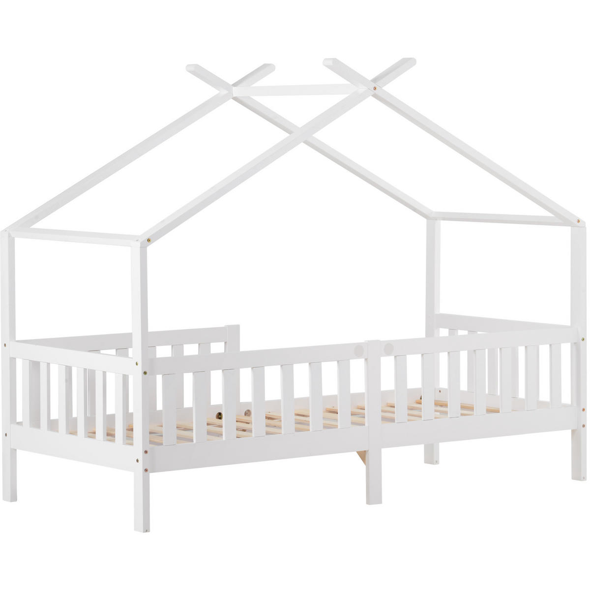 HAUSBETT 90/200 cm Weiß aus Massivholz mit Sicherheitspodest und Lattenrost - Weiß, Holz (90/200cm) - OKWISH