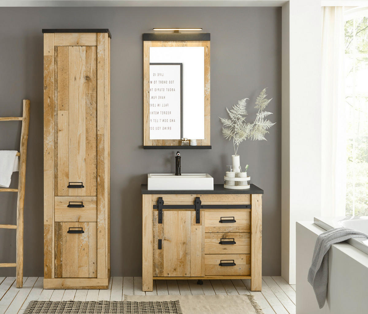 BADMÖBEL-SET 5-teilig, Used Wood hell, anthrazit, Badkombination mit Waschbecken LED Spiegellampe - Eichefarben/Anthrazit, Holzwerkstoff/Metall (166/210/43cm) - Furn.Design