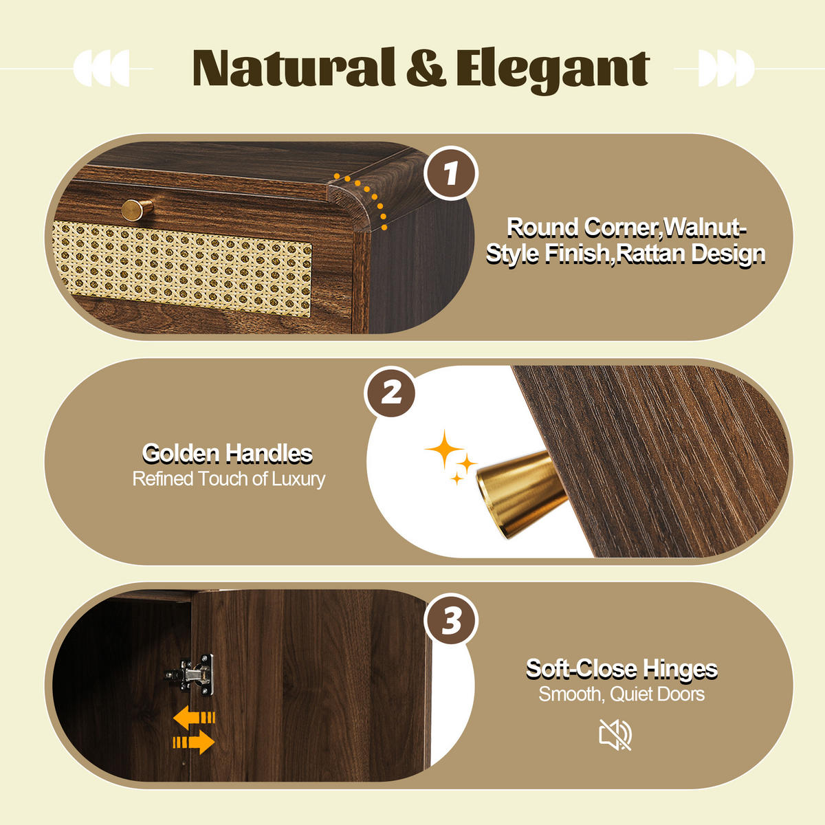 SIDEBOARD Nussbaum, Rattanfronten, Goldgriffe 3 Schubladen, 2 Schränke, Höhenverstellbare Einlegeböden - Walnussfarben, Holzwerkstoff (120/85/40cm) - Urban Meuble