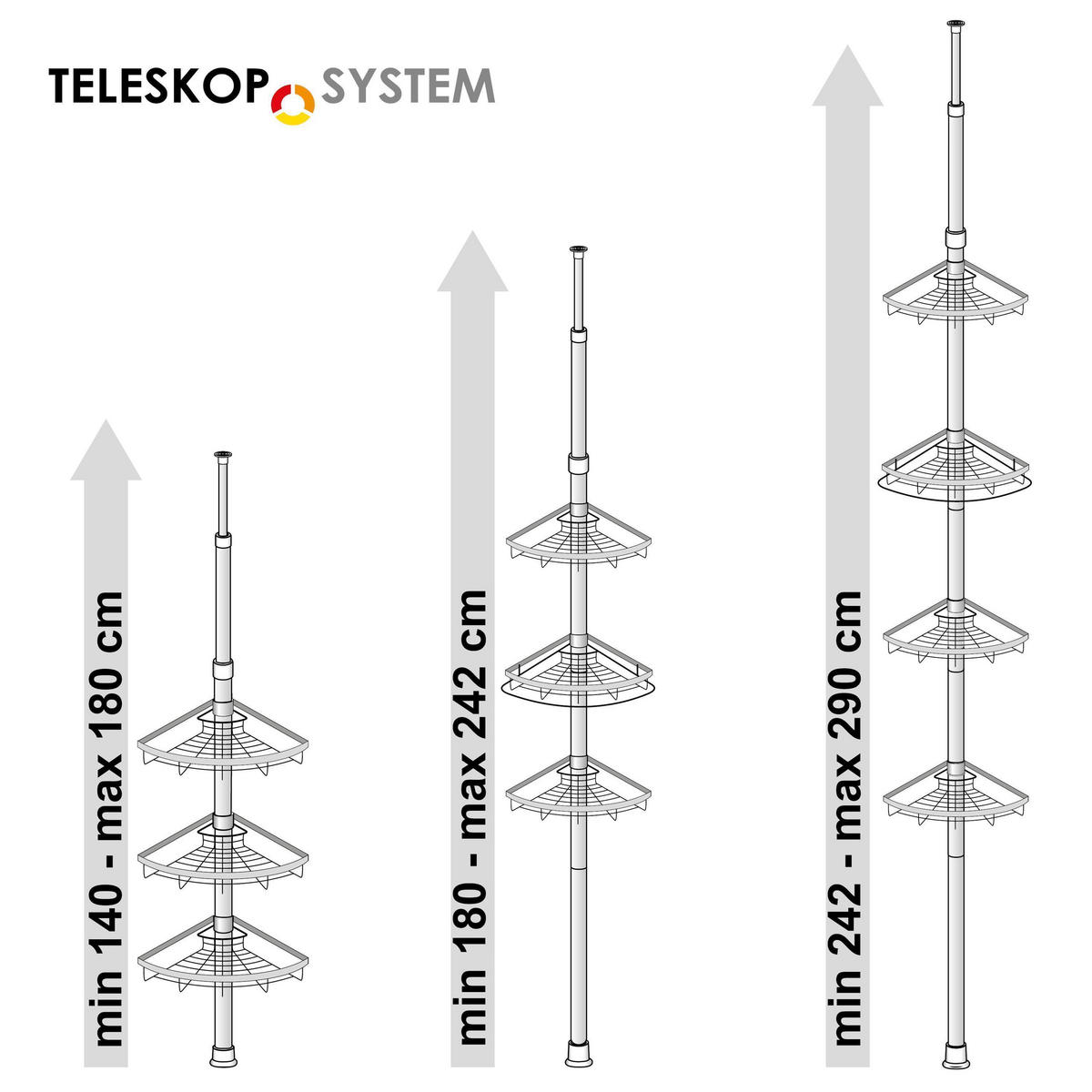TELESKOP-DUSCHECKREGAL in Metall, grau - Grau, Metall (22.5/290/22.5cm) - bremermann