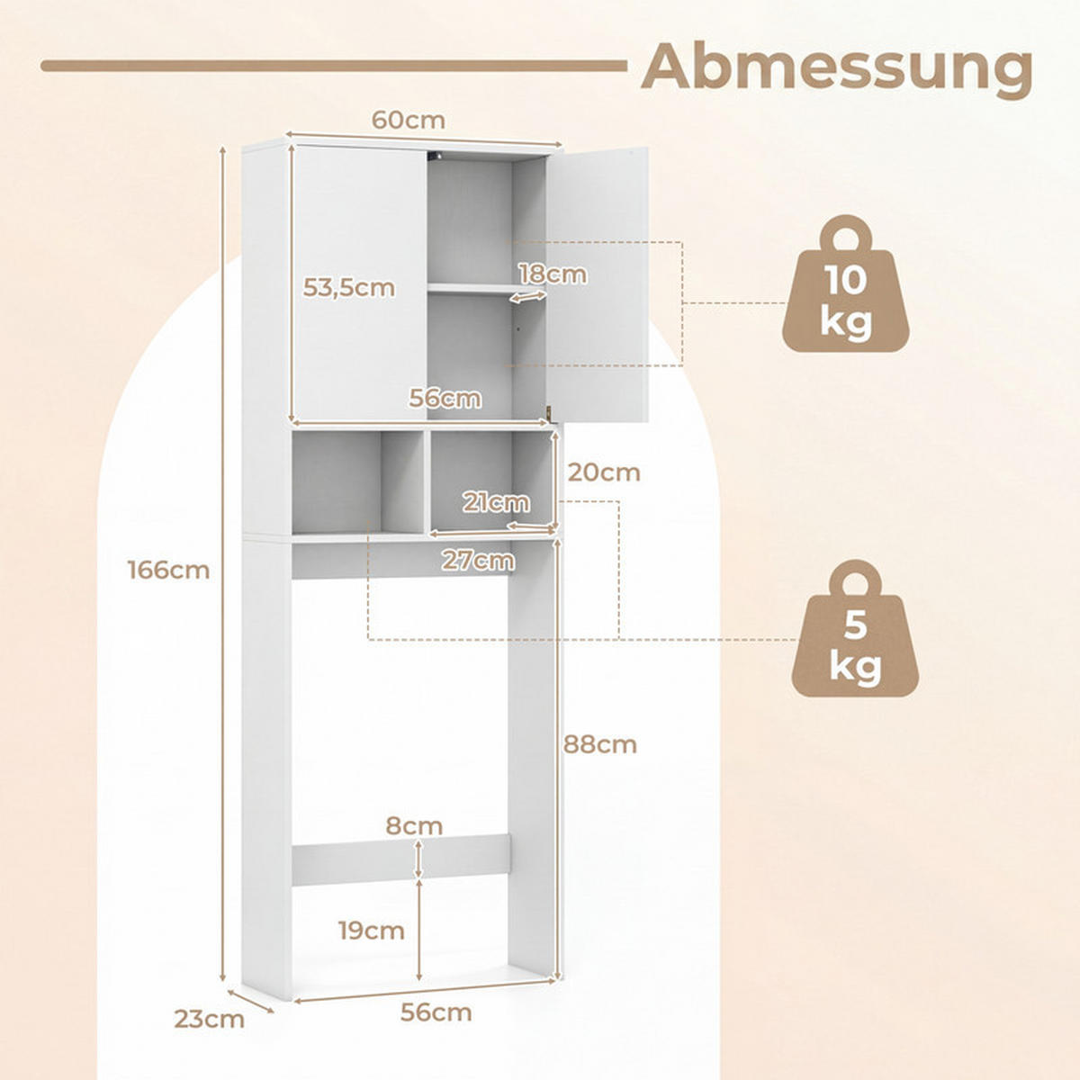 TOILETTENREGAL mit Doppeltür weiß - Weiß, Holzwerkstoff (56/166/23cm) - COSTWAY