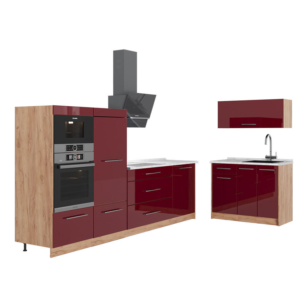 KÜCHENZEILE Fame-Line, Bordeaux Hochglanz/Goldkraft Eiche, 380 cm, AP Marmor - Honigeiche/Bordeaux, Holzwerkstoff (380/153.6/60cm) - Vicco
