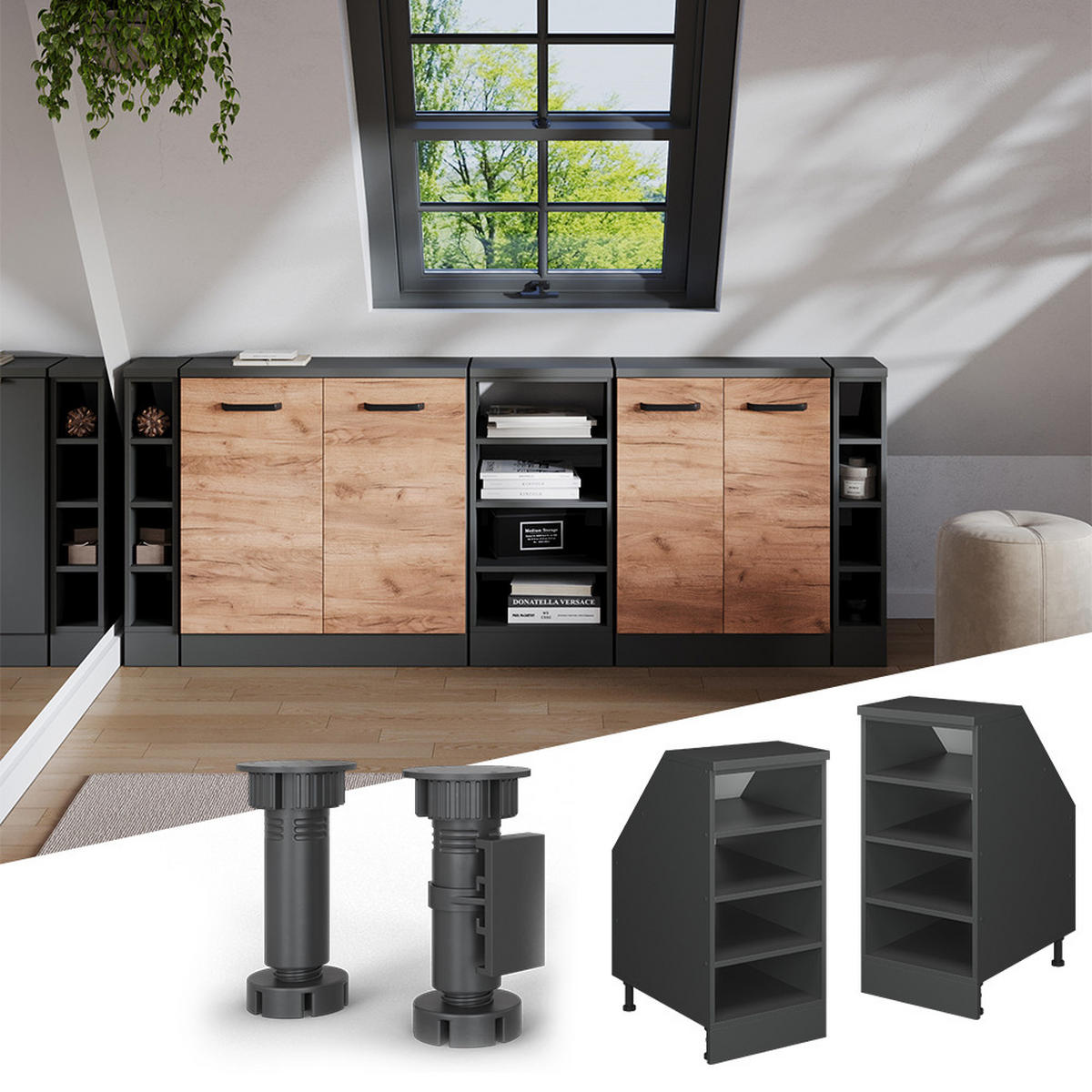 KUHINJSKA OMARA ZA POŠEVNE STREHE R-Line Antracit 40 cm s 4 odjeljka, korpus ormara dubina 60 cm - antracit, leseni material (40/83.8/60cm) - Vicco