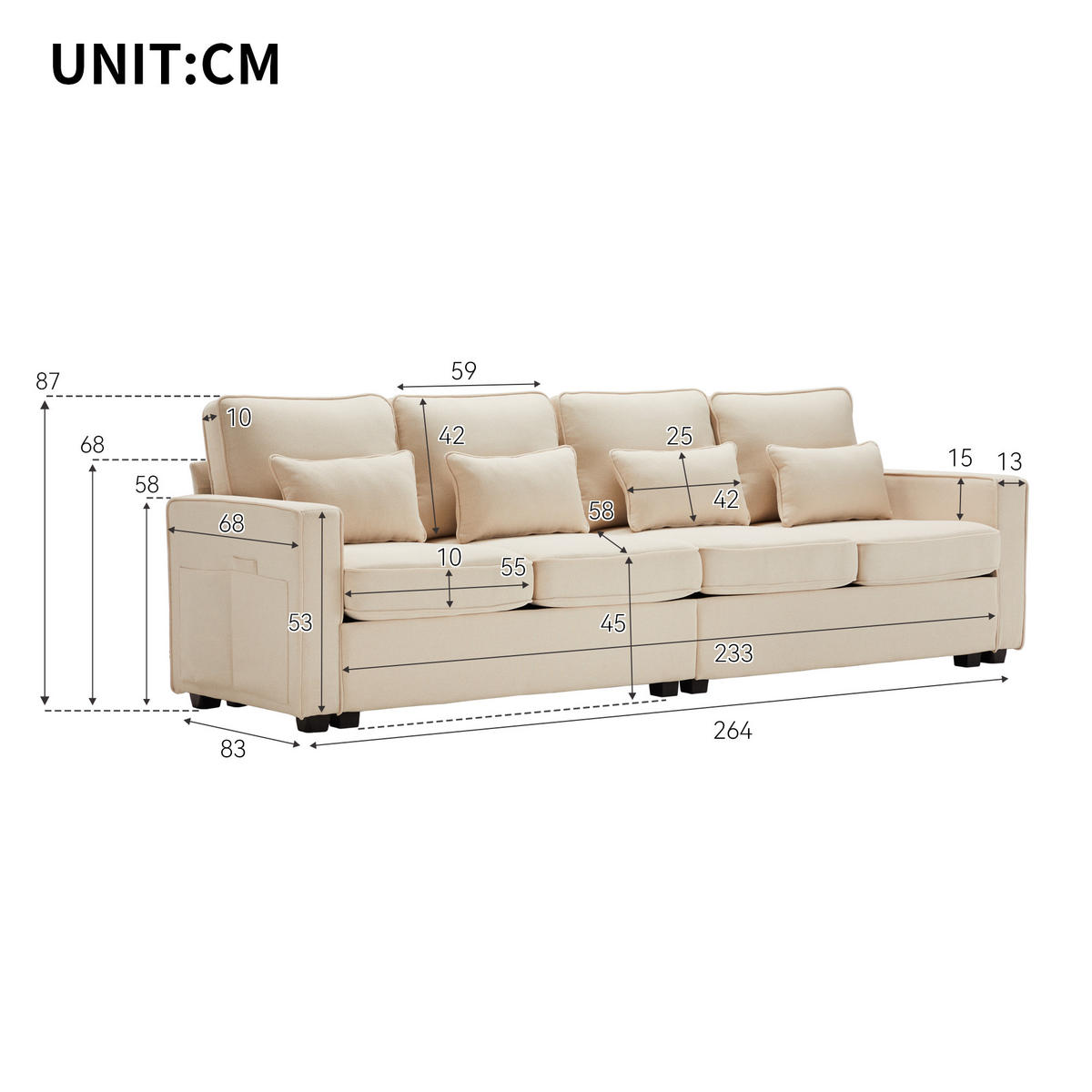 4-SITZER Sofa Leinenstoff mit Armlehnentaschen und 4 Kissen 264/83/87 cm Beige - Beige, Textil (87/264/83cm) - Redom