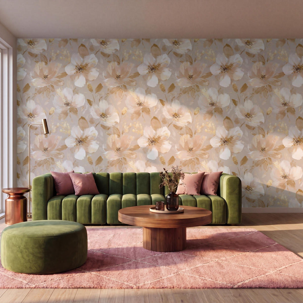 TAPETE - Blumen - künstlerisch - Gold - 450x260 cm - Beige, Papier (450/260cm) - OnlyWow