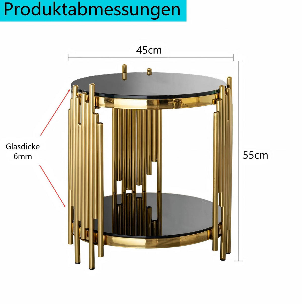 BEISTELLTISCH rund 2-stufig Schwarz Gold mit Glas - Schwarz, Glas (45/45/55cm) - Meubliv