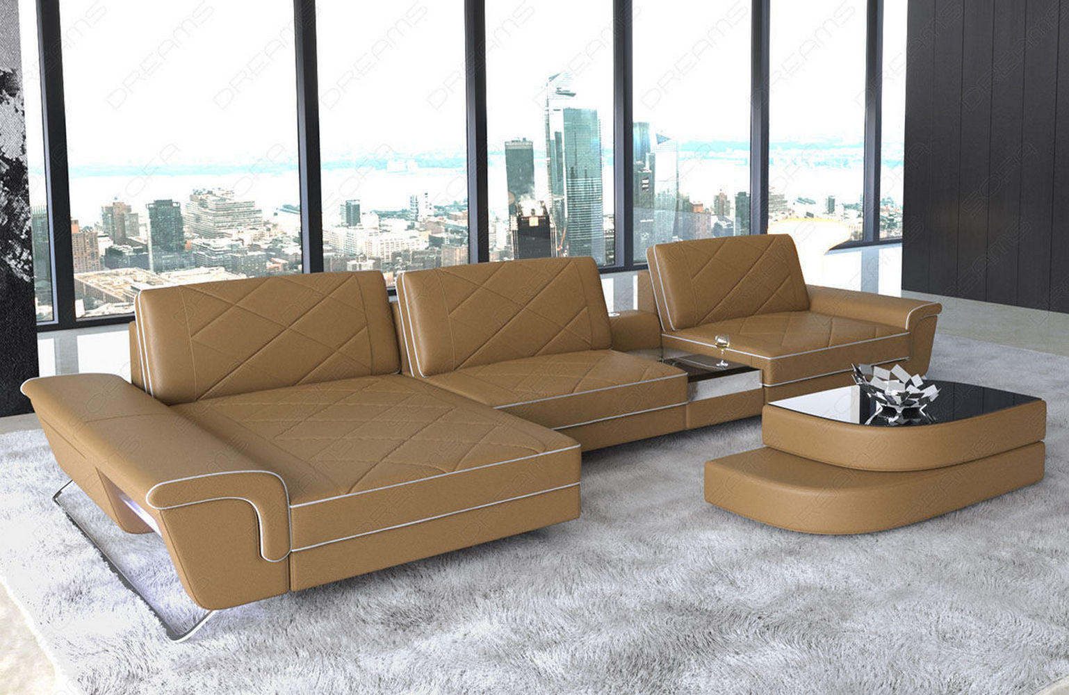 Thumbnail - Sofa Dreams Ledersofa, Beige, Leder, L-Form, Ottomane links,L-Form, 369x197 cm, Wohnzimmer, Sofas & Couches, Wohnlandsch...