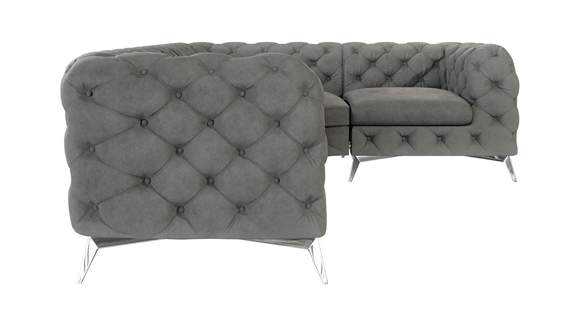 ECKSOFA Chesterfield Laura Grau Samt, Ottomane rechts - Silberfarben/Grau, Holz/Textil (264/204cm) - S-Style Möbel