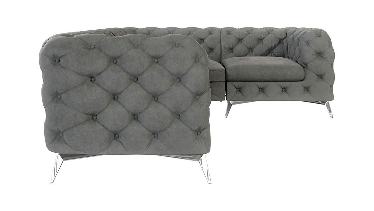 ECKSOFA Chesterfield Laura Grau Samt, Ottomane rechts - Silberfarben/Grau, Holz/Textil (264/204cm) - S-Style Möbel
