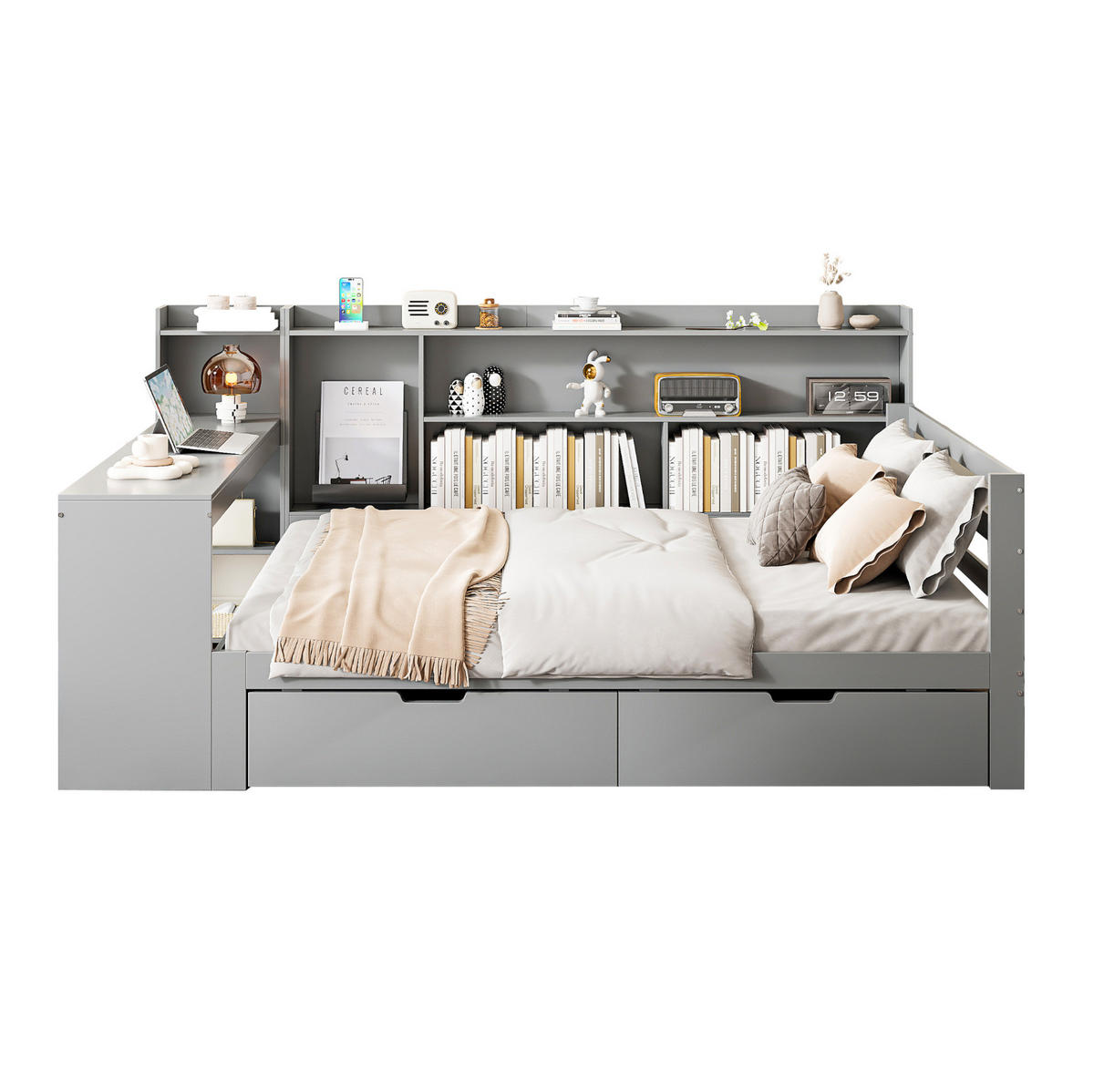 BETT aus Massivholz 140/200 cm mit Schreibtisch und Regalen grau - Grau, Holz (140/200cm) - OKWISH