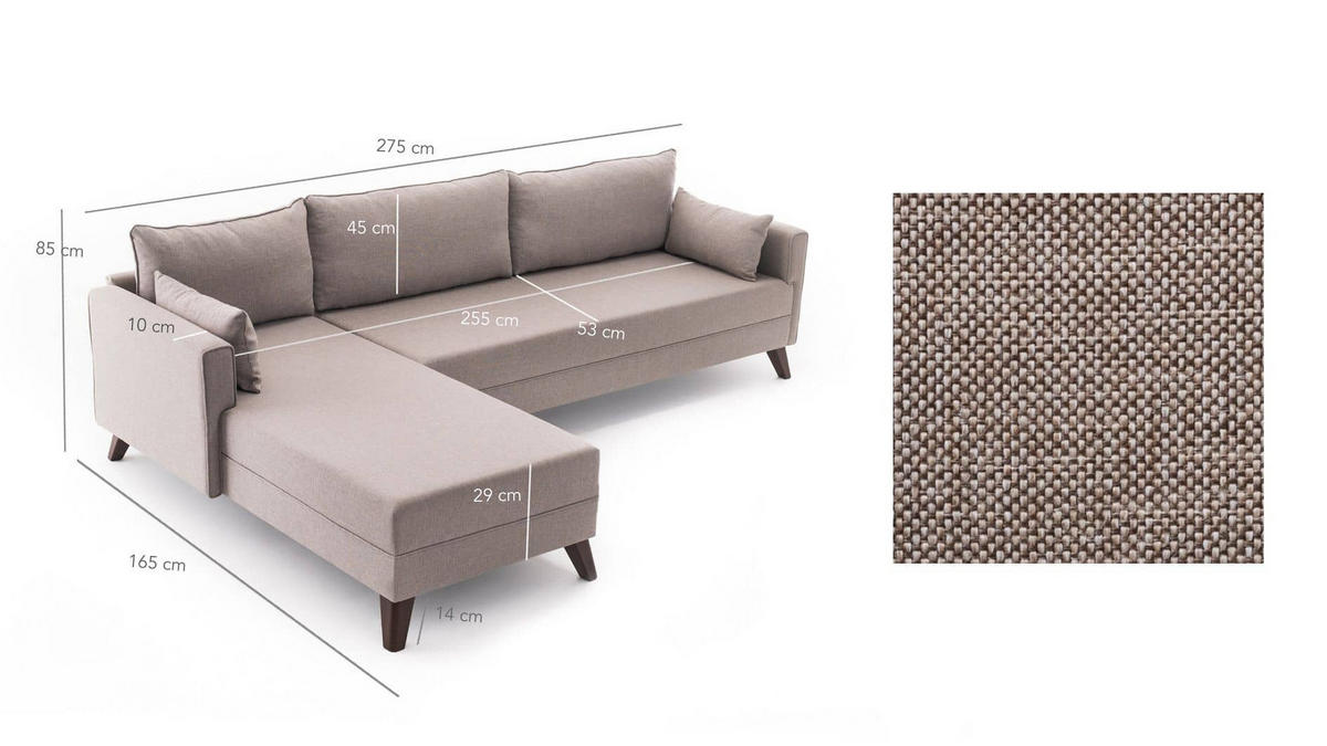 ECKSOFA mit losen Rückenkissen und Schlaffläche - Beige/Walnussfarben, Holz/Kunststoff (275/165cm) - myHomelando