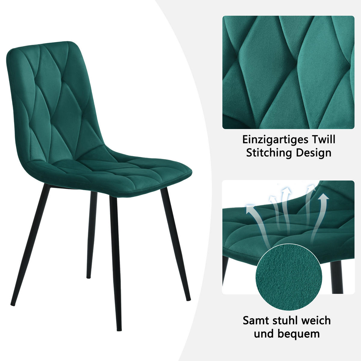 ESSTISCHSET 5-Teilig Sechseckig Marmor, 4 Grüne Samtstühle - Grün, Metall (115.5/75/100cm) - FLIEKS