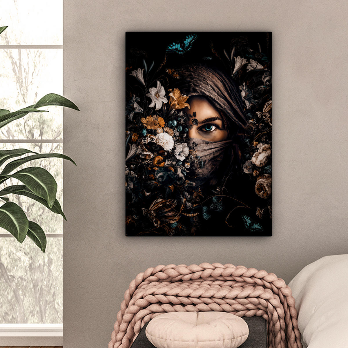 LEINWANDBILD Frau - Luxus - Blumen - Schmetterling - Porträt 60x80 cm - Schwarz, Textil (60/80cm) - MuchoWow