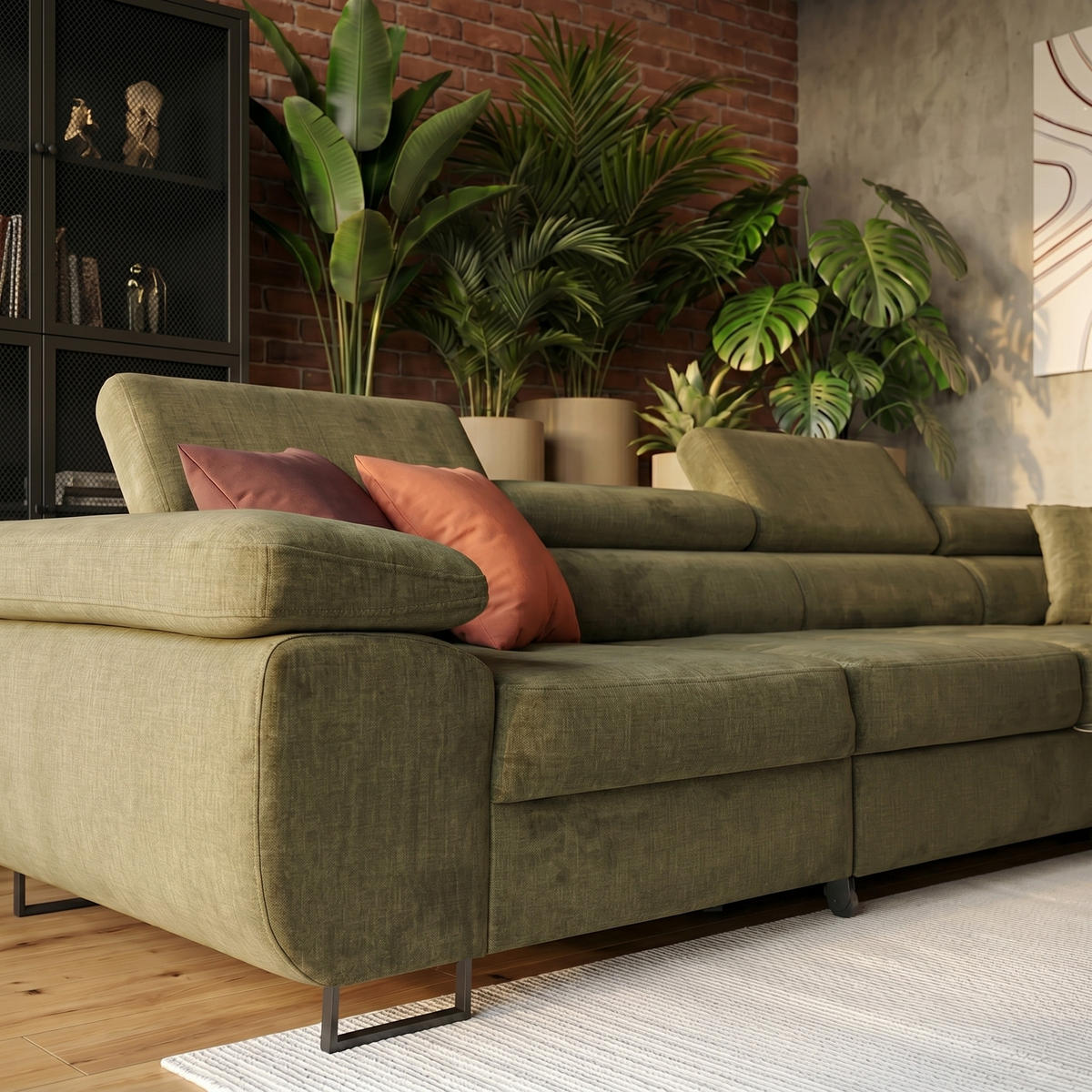 ECKSOFA WILD MAXI L Rechts mit Schlaffunktion 125x195 Velours Hellgrün - Chromfarben/Hellgrün, Holz/Textil (203/350cm) - Muffo